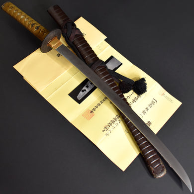 Authentic JAPANESE SAMURAI KATANA SWORD WAKIZASHI GISUKE 義助 w/NBTHK HOZON PAPER w/KOSHIRAE and SHIRASAYA ANTIQUE HITATSURA HAMON 皆焼