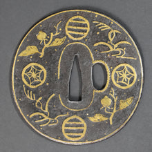 Load image into Gallery viewer, Authentic Japanese TSUBA HEIANJYO ZOUGAN 平安城象嵌 CRESTS MOTIF TSUBA 紋散図鐔紋散図鐔w/NBTHK HOZON PAPER ANTIQUE