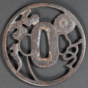 Authentic Japanese TSUBA HAGI TSUBA 萩鐔 MUM FLOWER AND WATER 菊水透鐔 w/NBTHK TOKUBETSU KICHO PAPER ANTIQUEIQUE