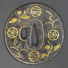 Load image into Gallery viewer, Authentic Japanese TSUBA HEIANJYO ZOUGAN 平安城象嵌 CRESTS MOTIF TSUBA 紋散図鐔紋散図鐔w/NBTHK HOZON PAPER ANTIQUE