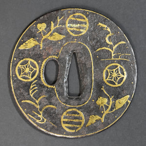 Authentic Japanese TSUBA HEIANJYO ZOUGAN 平安城象嵌 CRESTS MOTIF TSUBA 紋散図鐔紋散図鐔w/NBTHK HOZON PAPER ANTIQUE