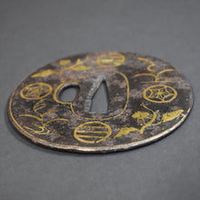 Load image into Gallery viewer, Authentic Japanese TSUBA HEIANJYO ZOUGAN 平安城象嵌 CRESTS MOTIF TSUBA 紋散図鐔紋散図鐔w/NBTHK HOZON PAPER ANTIQUE